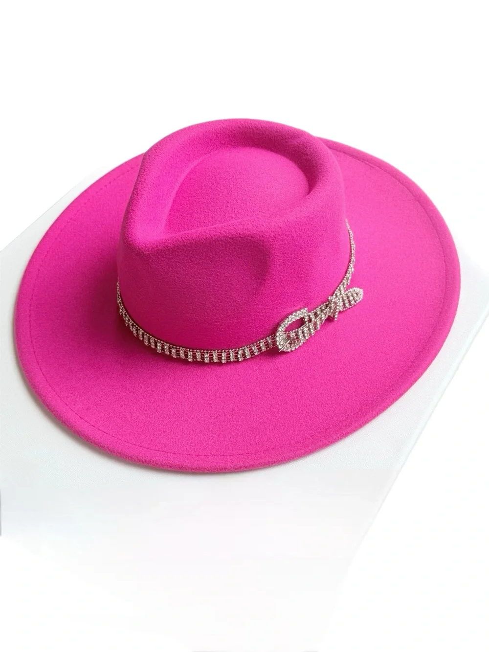 Fuchsia Rhinestone Buckle‎ Fedora Wide Brim Hat